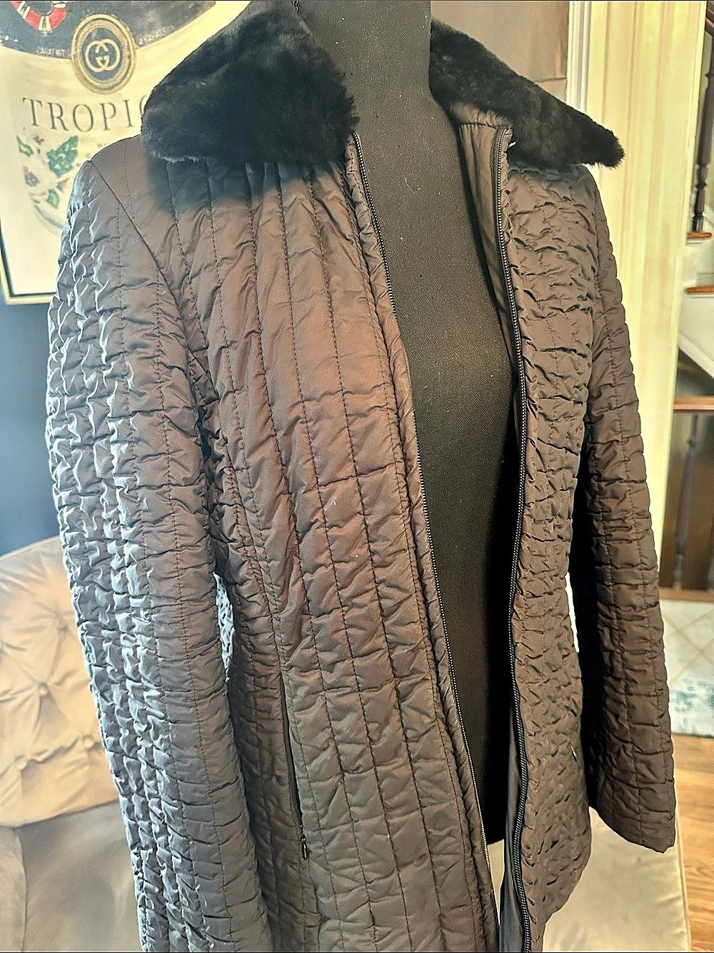 Cole Haan Quilted Faux Fur Collar Jacket in Black XS Like New